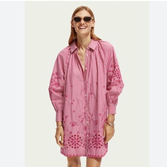 Scotch & Soda Embroidered Shirt Dress Striped Pink White  Anthropologie Size S - Picture 3 of 11